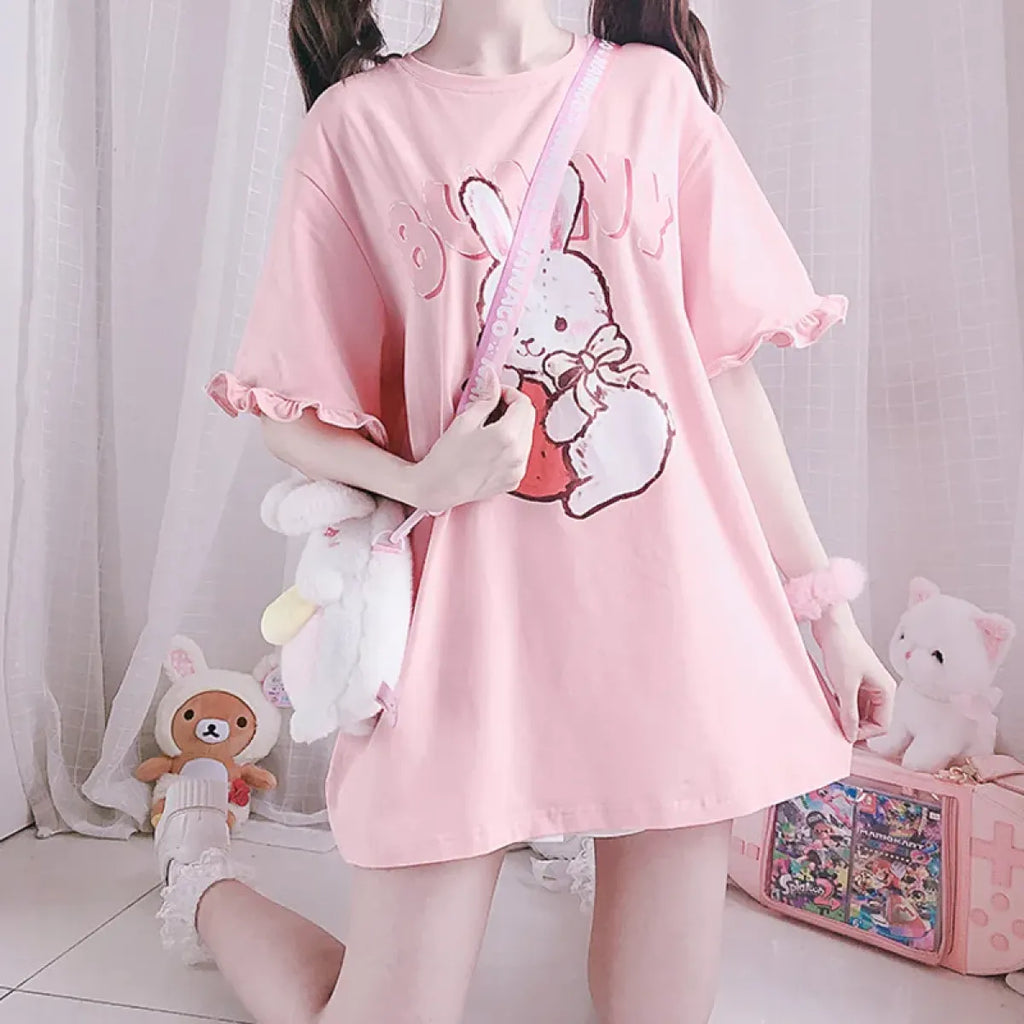 Pink Lolita T-Shirt - Rabbit Print Ruffled Sleeve Top - T-Shirts - Short - Crew - T-Shirts - 3