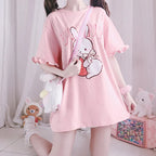 Pink Lolita T-Shirt - Rabbit Print Ruffled Sleeve Top - T-Shirts - Short - Crew - T-Shirts - 3