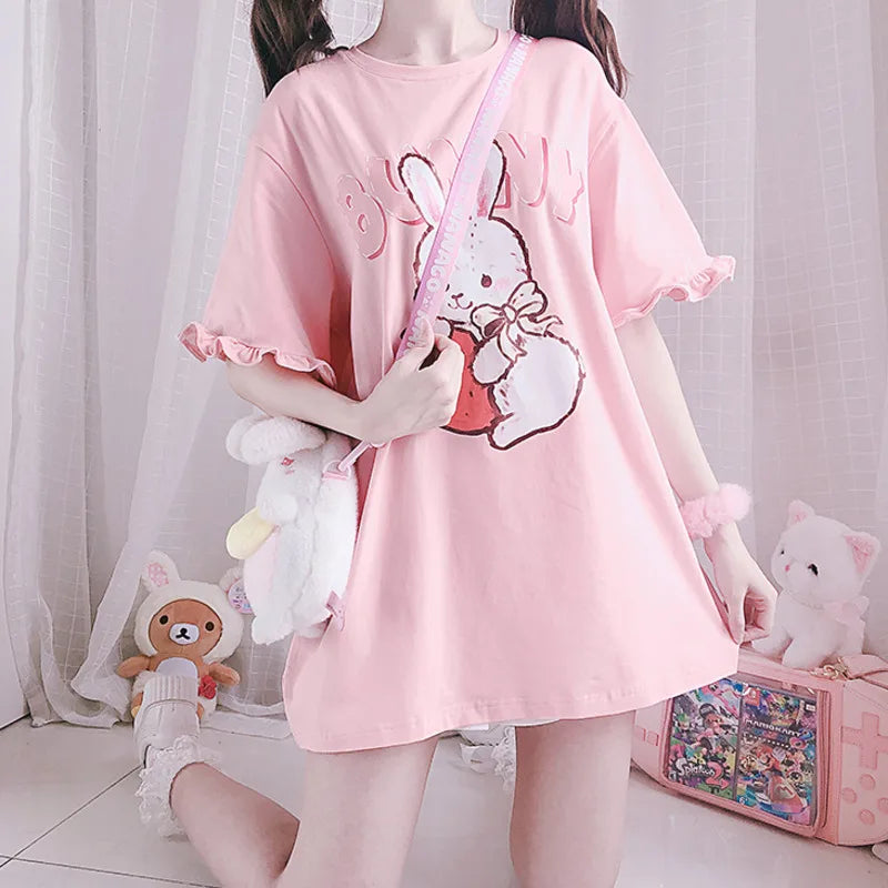 Pink Lolita T-Shirt - Rabbit Print Ruffled Sleeve Top - T-Shirts - T-Shirts - 2024 - 3 - Worldwide Shipping