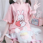 Pink Lolita T-Shirt - Rabbit Print Ruffled Sleeve Top - T-Shirts - Short - Crew - T-Shirts - 4