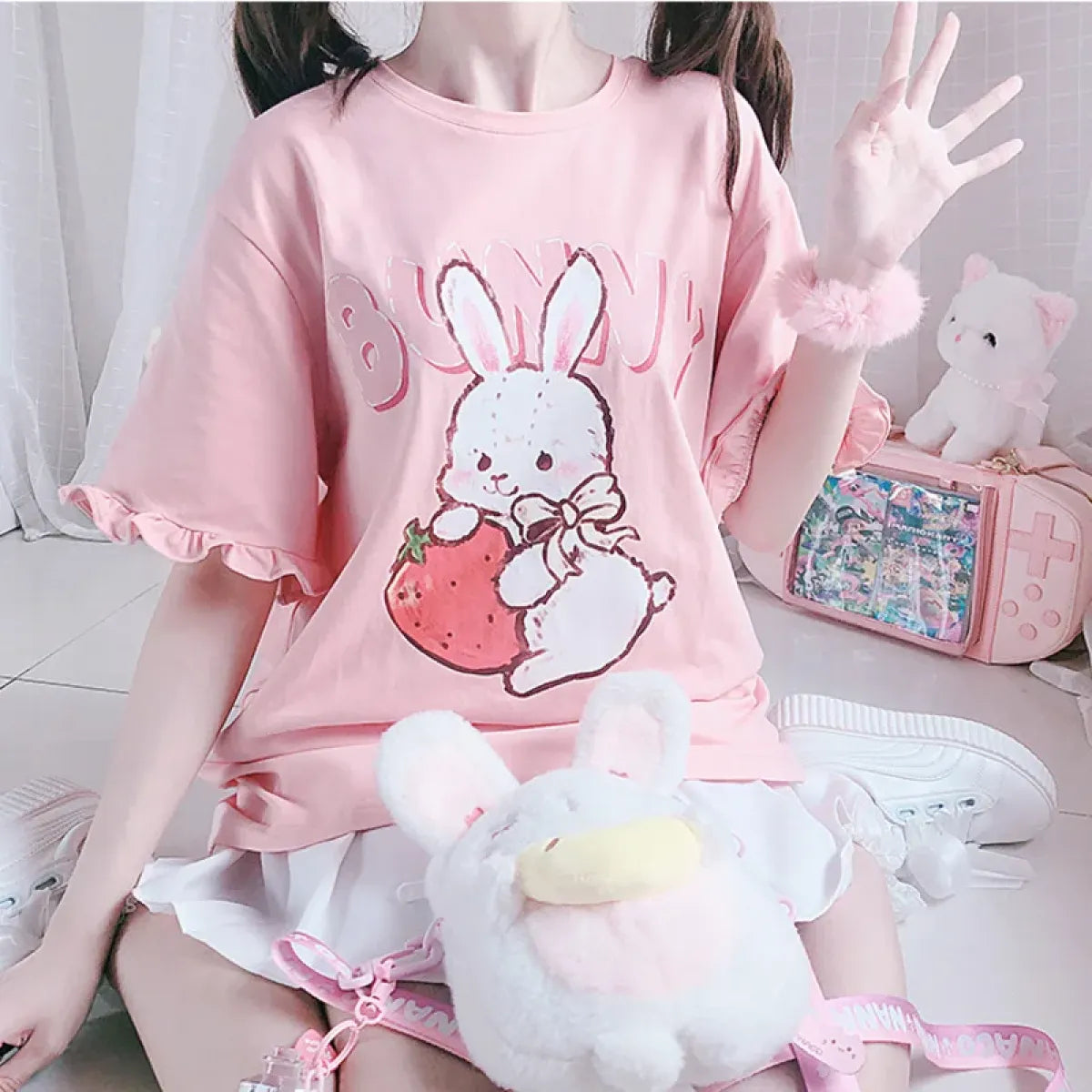 Pink Lolita T-Shirt - Rabbit Print Ruffled Sleeve Top - T-Shirts - Short - Crew - T-Shirts - 4