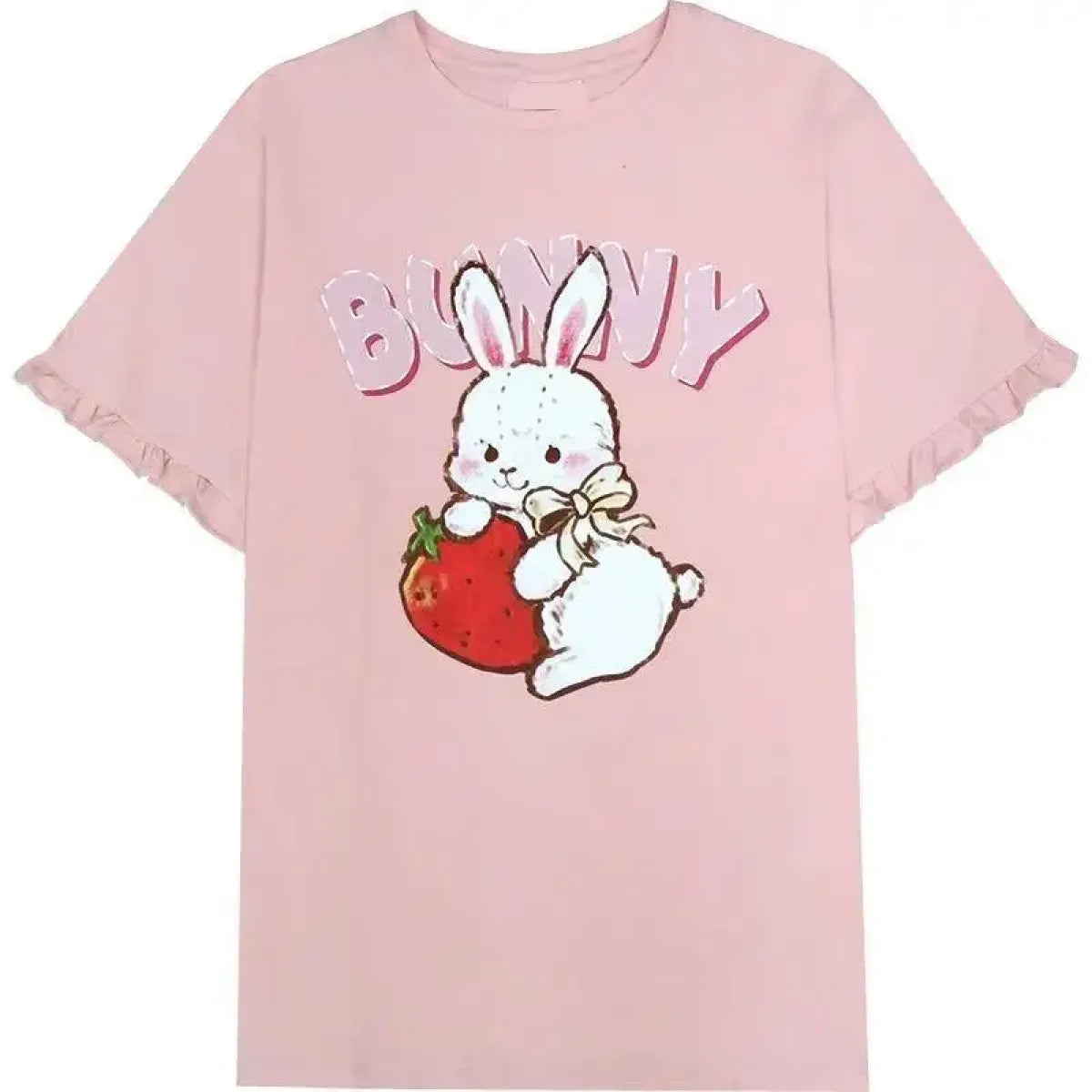 Pink Lolita T-Shirt - Rabbit Print Ruffled Sleeve Top - Early Spring Collection - Short - Crew - T-Shirts - 5