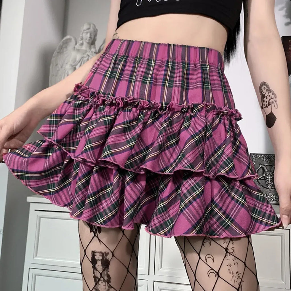 Japanese College Style Pink Plaid Skirt - High Waist Slim Goth - Bottoms - 3
