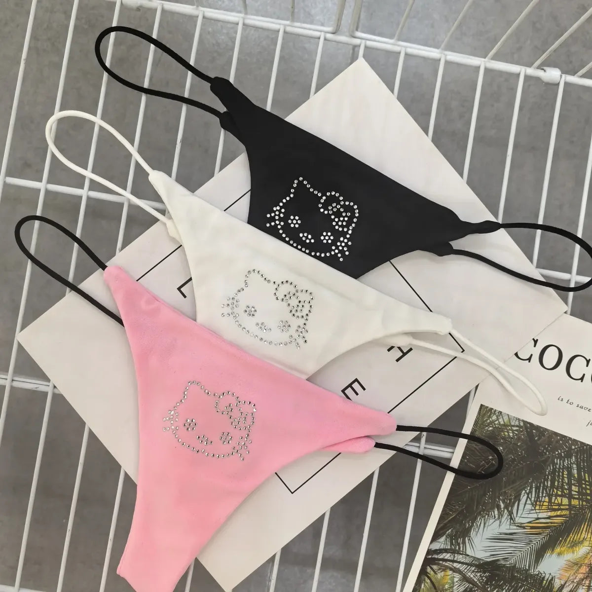 Pink Rhinestone Cat G-String – Kawaii Low Waist Thong Lingerie - Women’s Clothing & Accessories - Panties - 3
