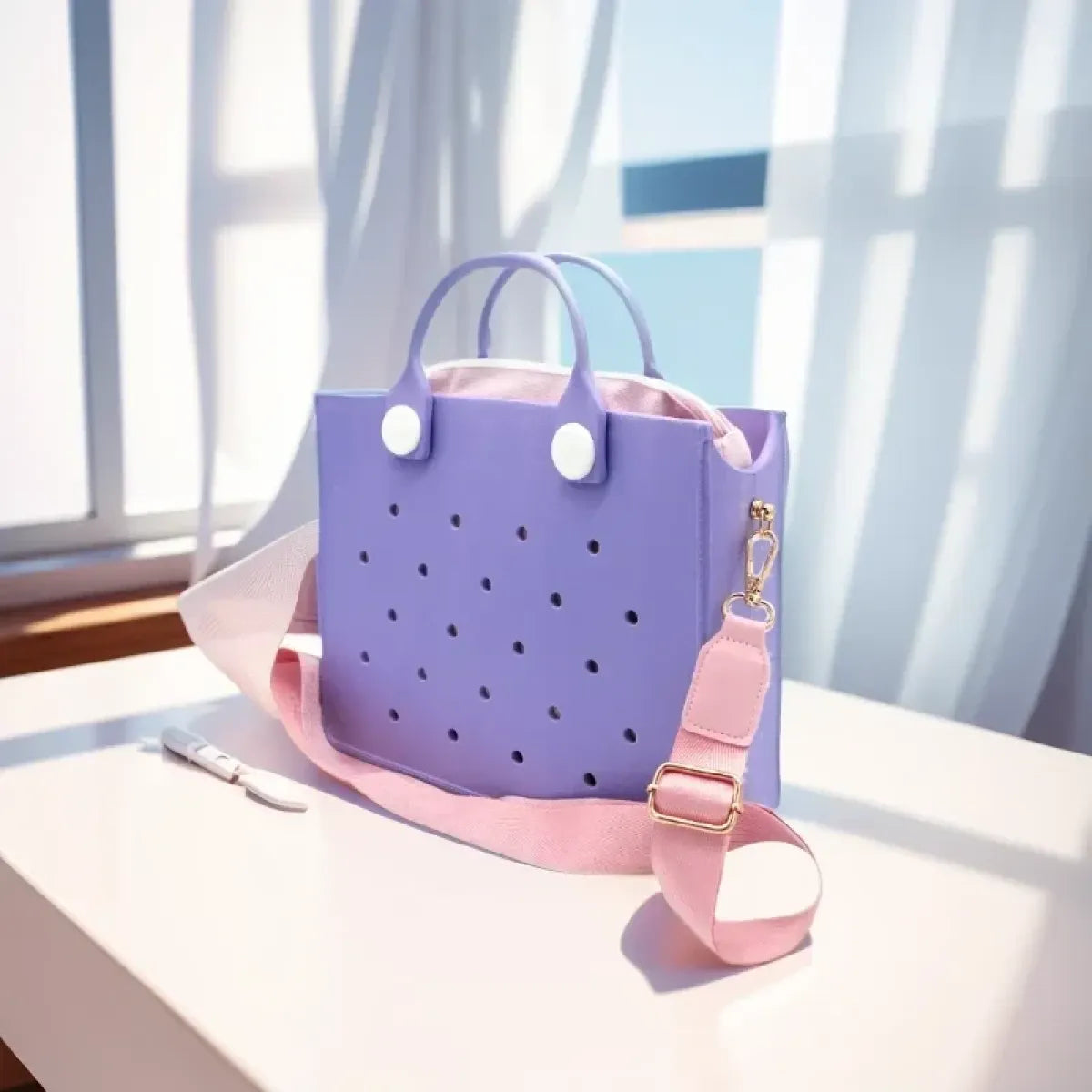 Purple EVA Charm Tote Bag with Pink Strap - Harajuku Style - Shoulder Bag - 5