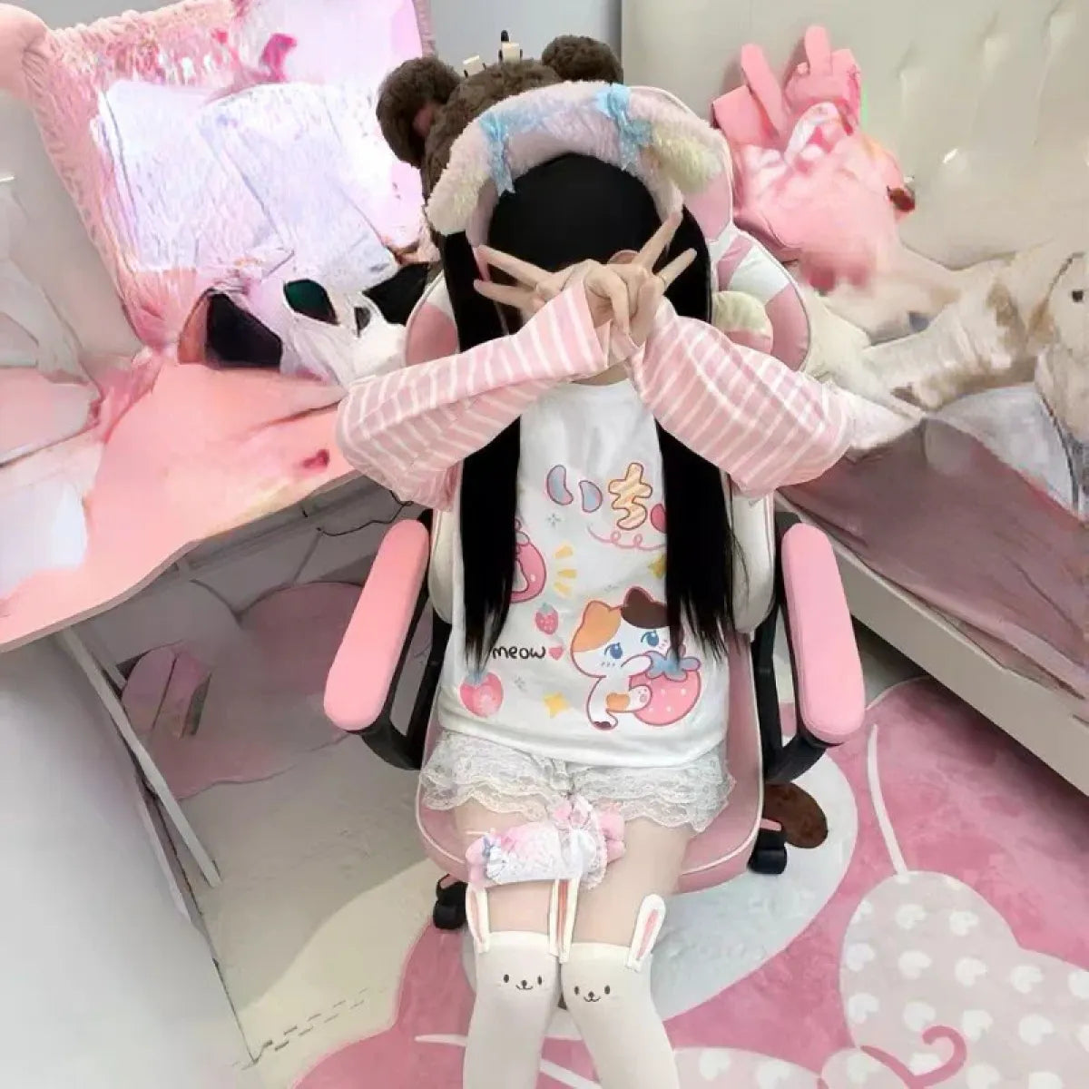 Pink Stripe Cartoon Print T-Shirt – Kawaii Harajuku Top - T-Shirts - Long - Round - T-Shirts - 3