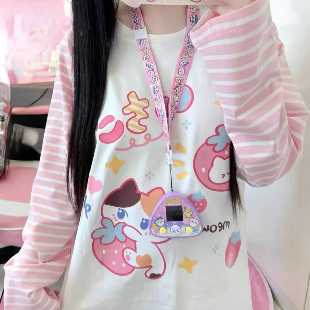 Pink Stripe Cartoon Print T-Shirt – Kawaii Harajuku Top - T-Shirts - Long - Round - T-Shirts - 1