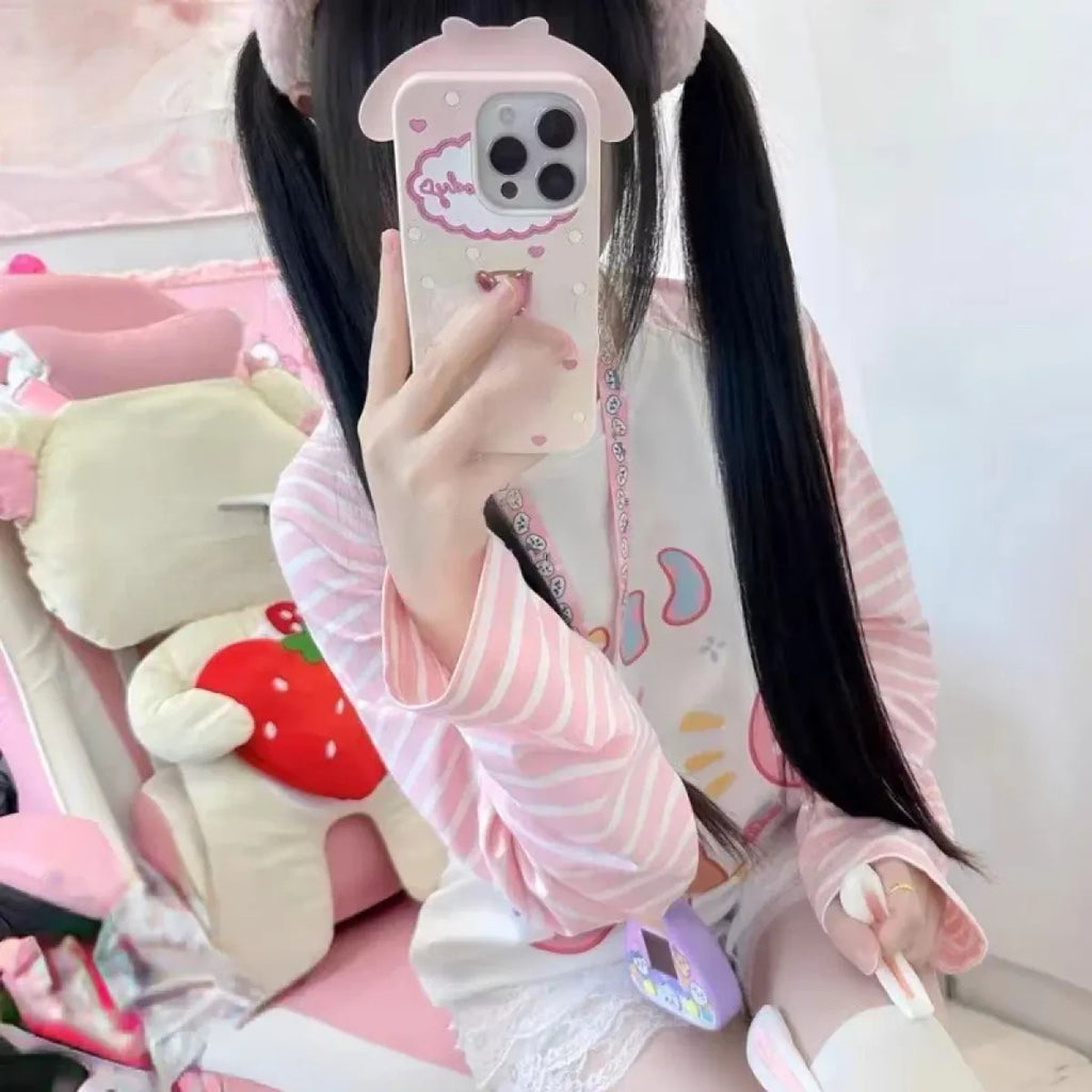 Pink Stripe Cartoon Print T-Shirt – Kawaii Harajuku Top - T-Shirts - Long - Round - T-Shirts - 2