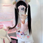 Pink Stripe Cartoon Print T-Shirt – Kawaii Harajuku Top - T-Shirts - Long - Round - T-Shirts - 5
