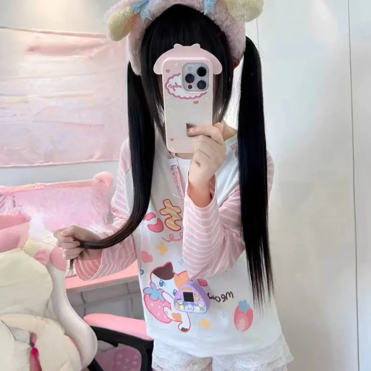 Pink Stripe Cartoon Print T-Shirt – Kawaii Harajuku Top - T-Shirts - Long - Round - T-Shirts - 5