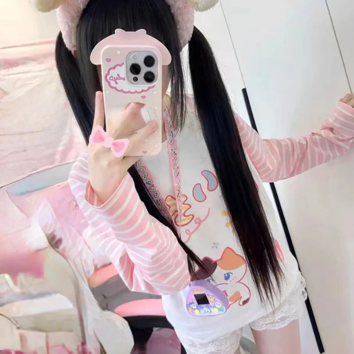 Pink Stripe Cartoon Print T-Shirt – Kawaii Harajuku Top - T-Shirts - Long - Round - T-Shirts - 4