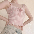 Pink Sweet Plaid Ribbon Crop Top - Women’s Clothing & Accessories - Crop Tops - 1