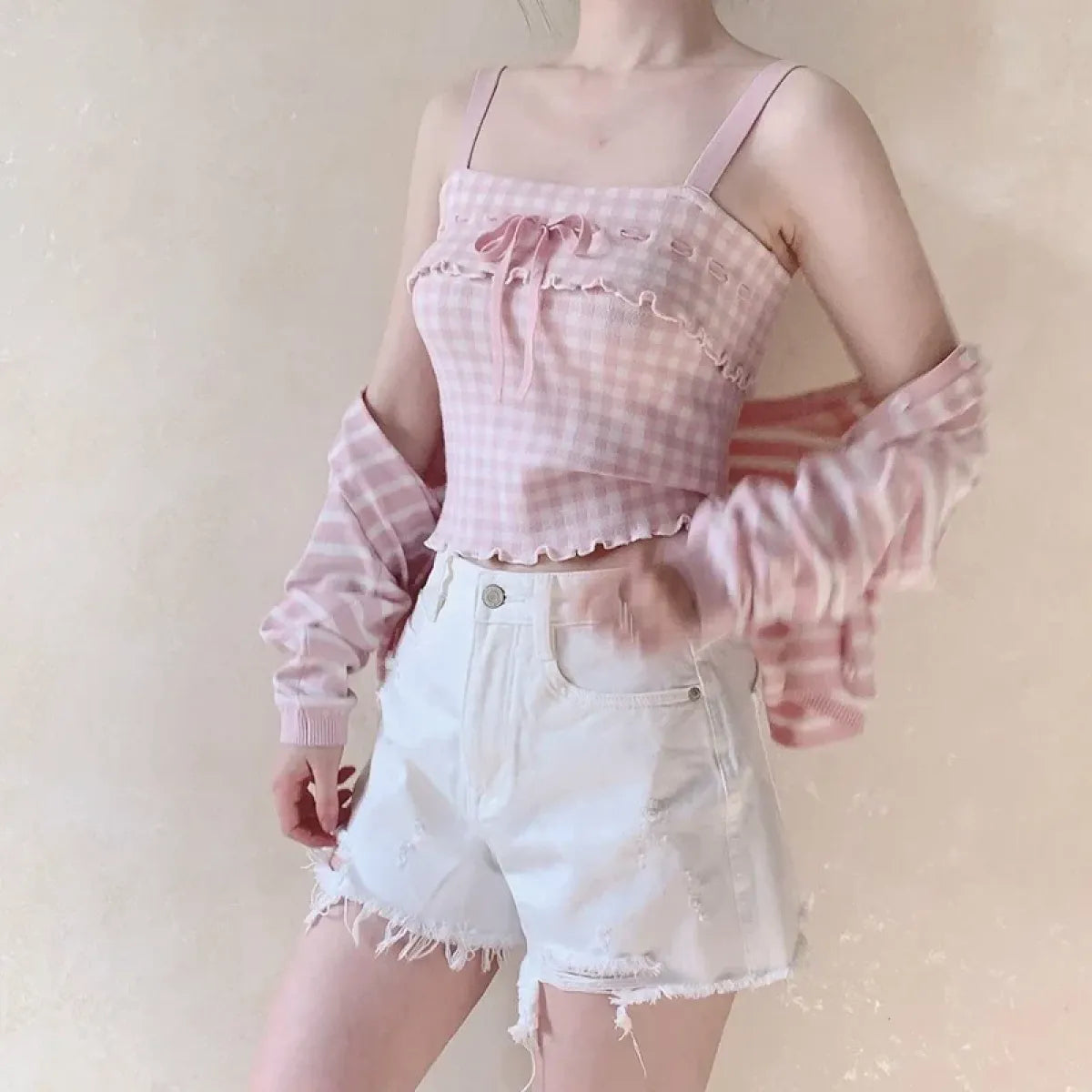 Pink Sweet Plaid Ribbon Crop Top - Women’s Clothing & Accessories - Crop Tops - 8