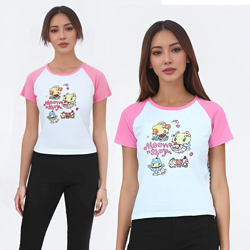 Cat Print T-Shirt – Pink White Patchwork Slim Fit Short Sleeve Tee - T-Shirts - T-Shirts - 2025 - 2 - Worldwide Shipping