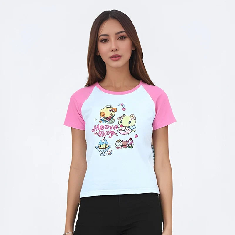 Cat Print T-Shirt – Pink White Patchwork Slim Fit Short Sleeve Tee - T-Shirts - T-Shirts - 2025 - 6 - Worldwide Shipping