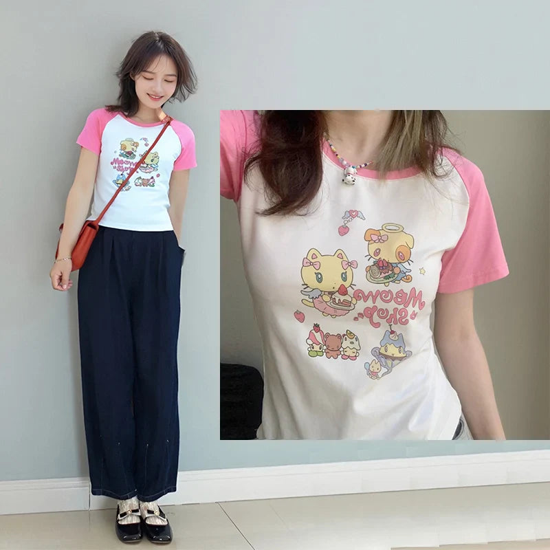 Cat Print T-Shirt – Pink White Patchwork Slim Fit Short Sleeve Tee - T-Shirts - T-Shirts - 2025 - 4 - Worldwide Shipping