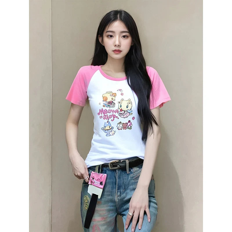 Cat Print T-Shirt – Pink White Patchwork Slim Fit Short Sleeve Tee - T-Shirts - T-Shirts - 2025 - 3 - Worldwide Shipping