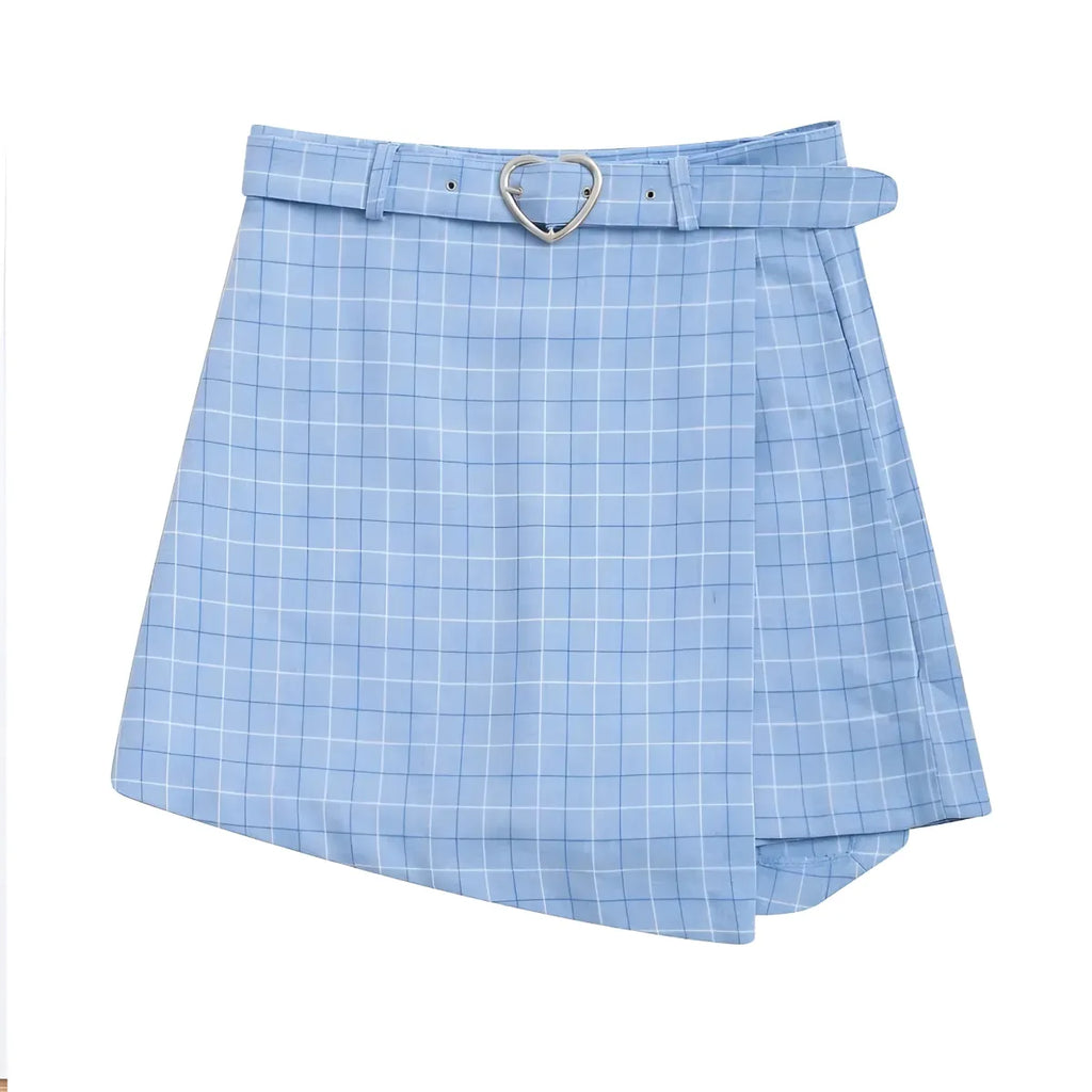 Plaid A-Line Mini Skirt with Heart Buckle - Bottoms - 4