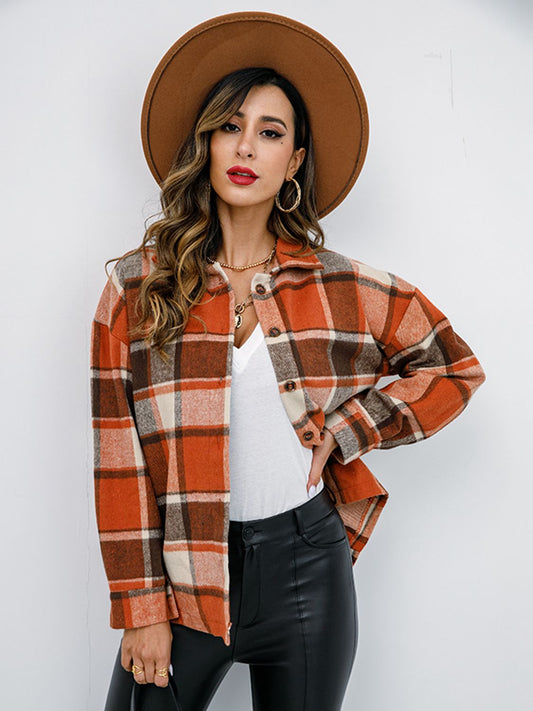 Plaid Button-Down Jacket - Orange / S - Jackets & Coats - Coats & Jackets - 1 - 2024