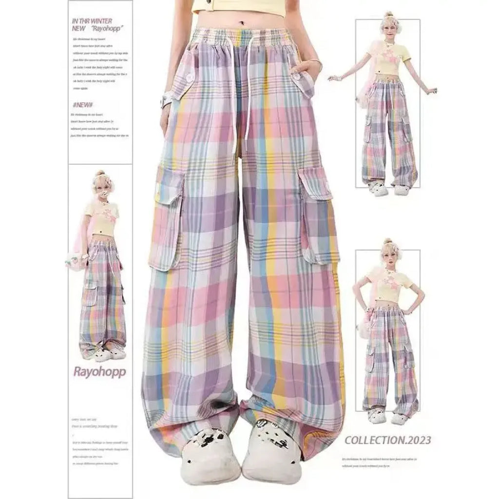 Pastel Plaid Cargo Pants – Y2K Harajuku Streetwear Aesthetic - Bottoms - Women’s Pants - 6