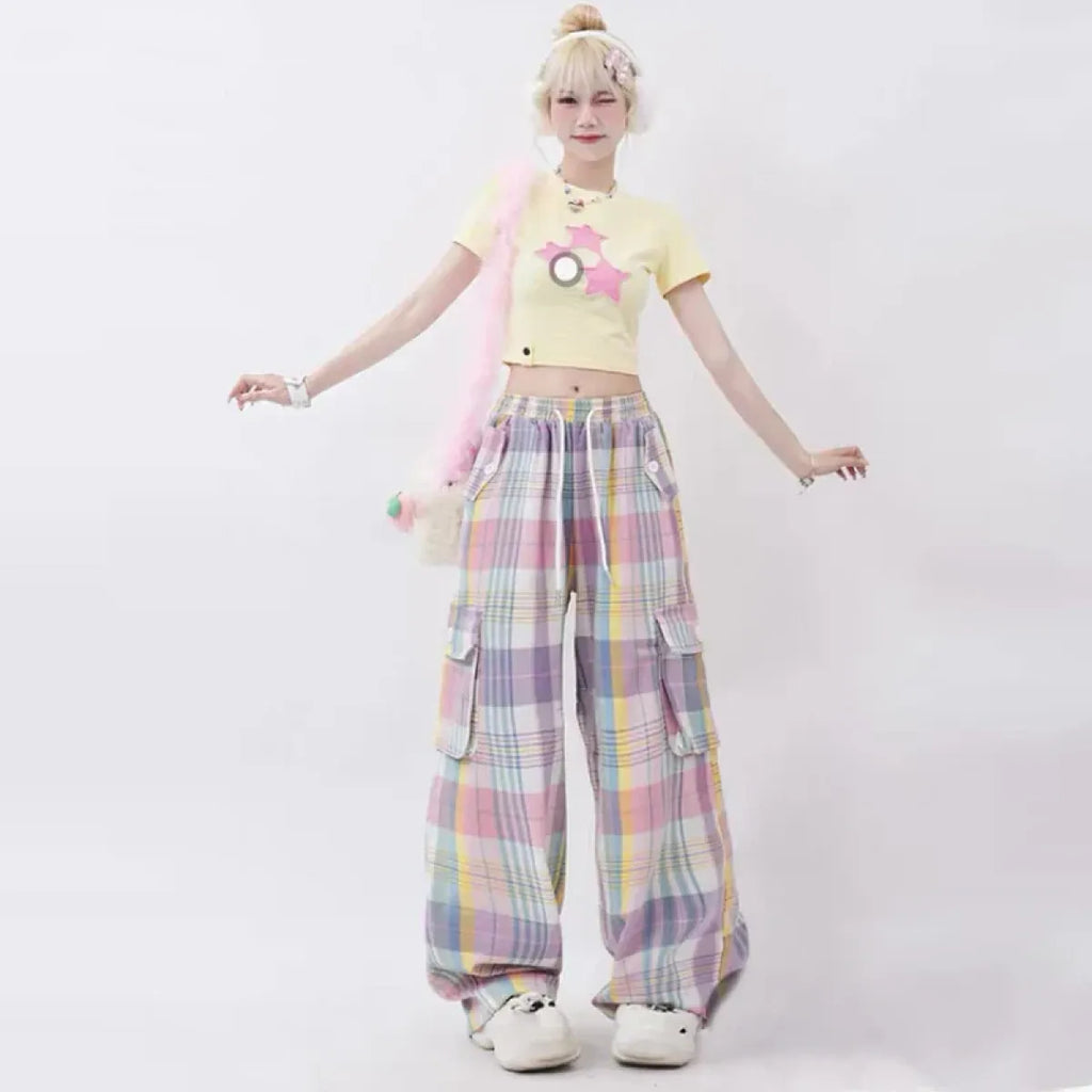 Pastel Plaid Cargo Pants – Y2K Harajuku Streetwear Aesthetic - Bottoms - Women’s Pants - 3