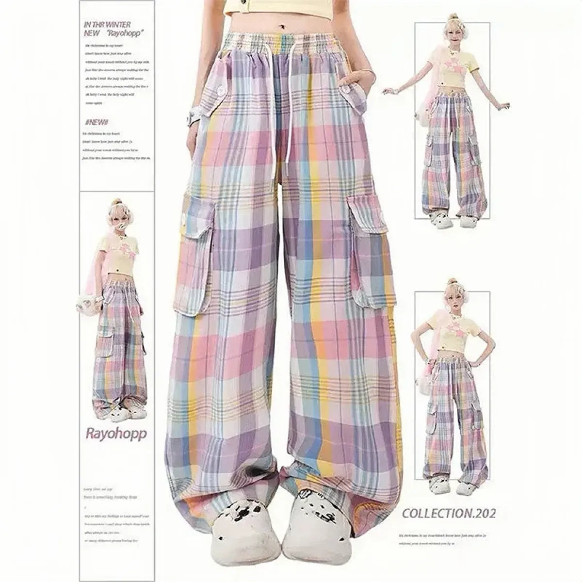 Pastel Plaid Cargo Pants – Y2K Harajuku Streetwear Aesthetic - Bottoms - Women’s Pants - 1