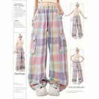 Pastel Plaid Cargo Pants – Y2K Harajuku Streetwear Aesthetic - Bottoms - Women’s Pants - 1