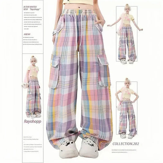 Pastel Plaid Cargo Pants – Y2K Harajuku Streetwear Aesthetic - Bottoms - Women’s Pants - 1