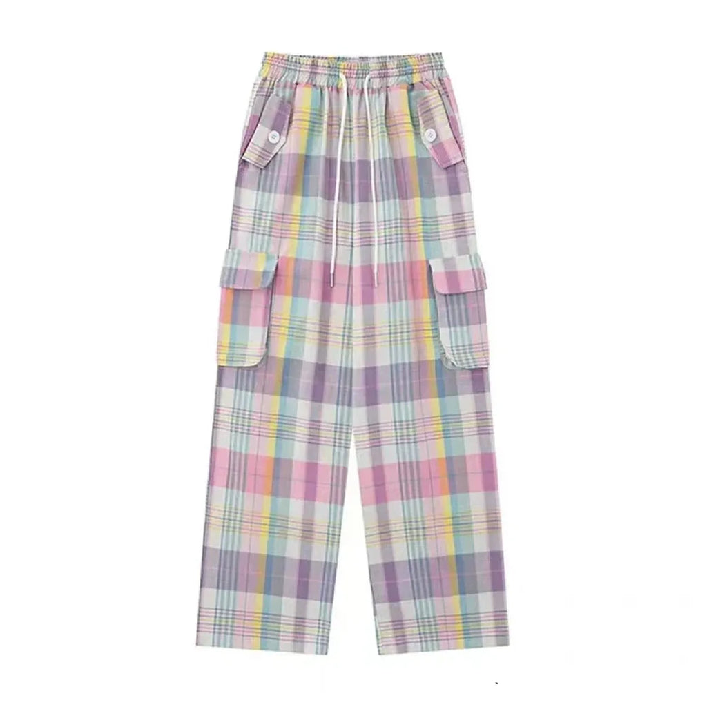 Pastel Plaid Cargo Pants – Y2K Harajuku Streetwear Aesthetic - Bottoms - Women’s Pants - 5