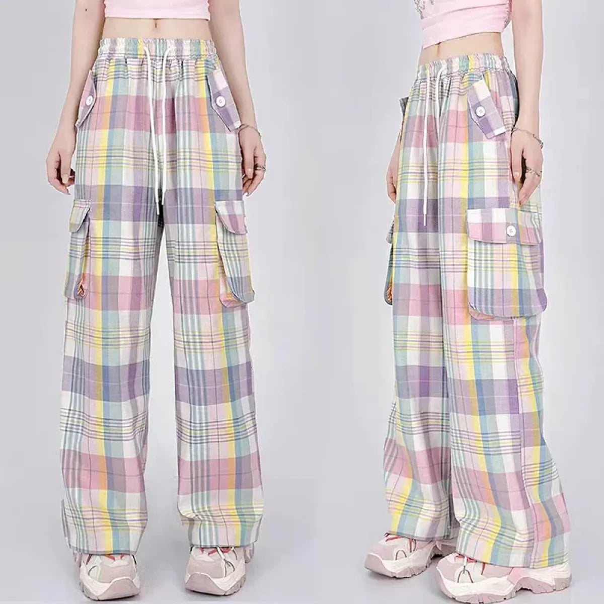 Pastel Plaid Cargo Pants – Y2K Harajuku Streetwear Aesthetic - Bottoms - Women’s Pants - 4