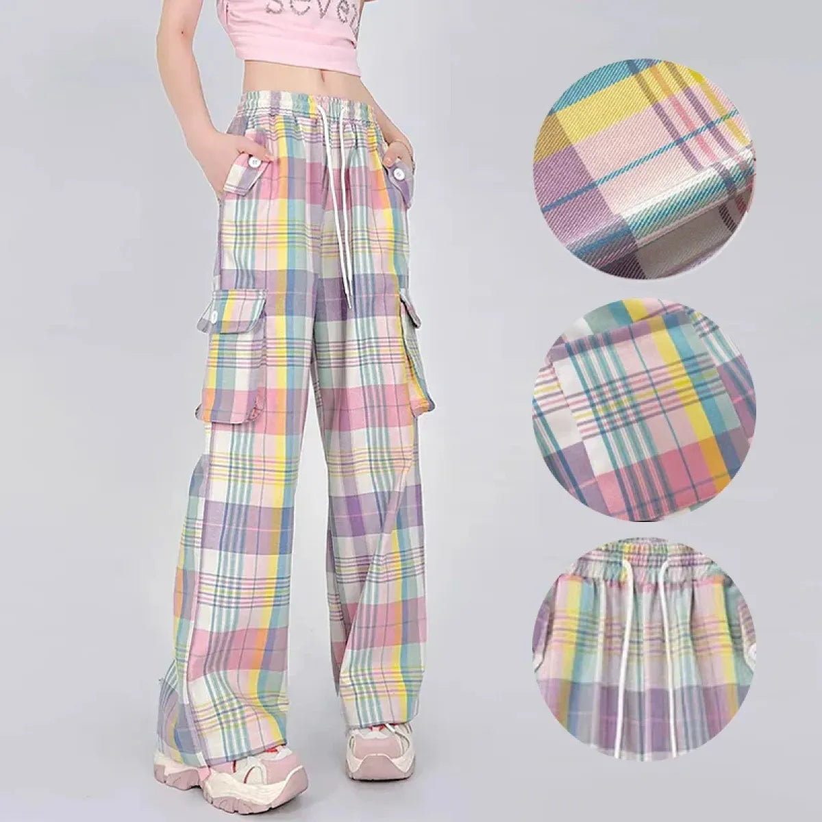 Pastel Plaid Cargo Pants – Y2K Harajuku Streetwear Aesthetic - Bottoms - Women’s Pants - 2