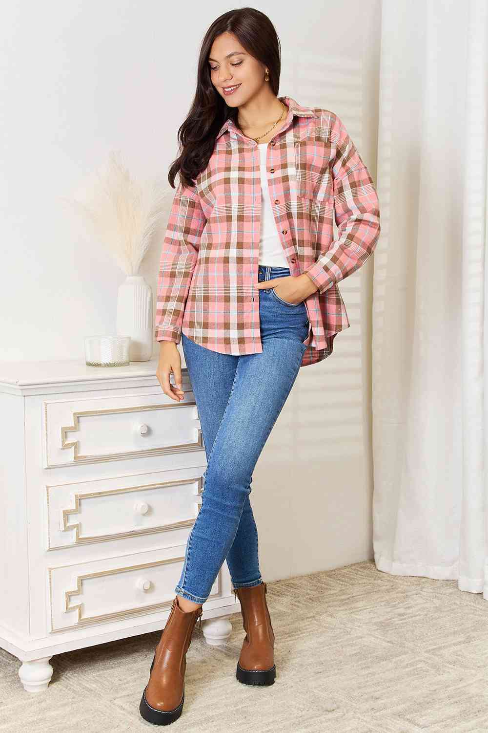 Plaid Collared Neck Long Sleeve Button-Up Shirt - T-Shirts - Shirts & Tops - 4 - 2024