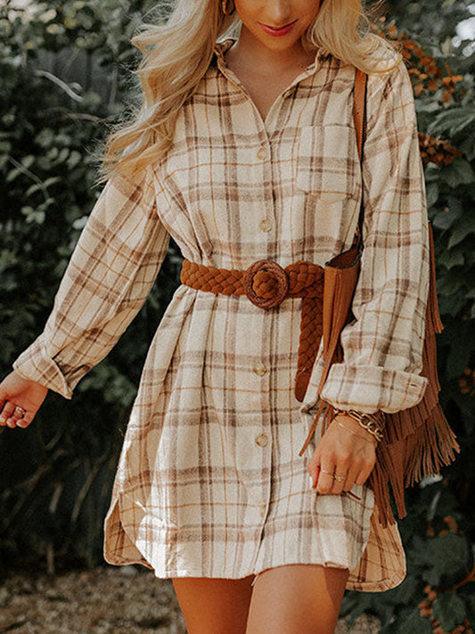 Plaid Collared Neck Long Sleeve Shirt Dress - Beige / S - All Dresses - Dresses - 1 - 2024