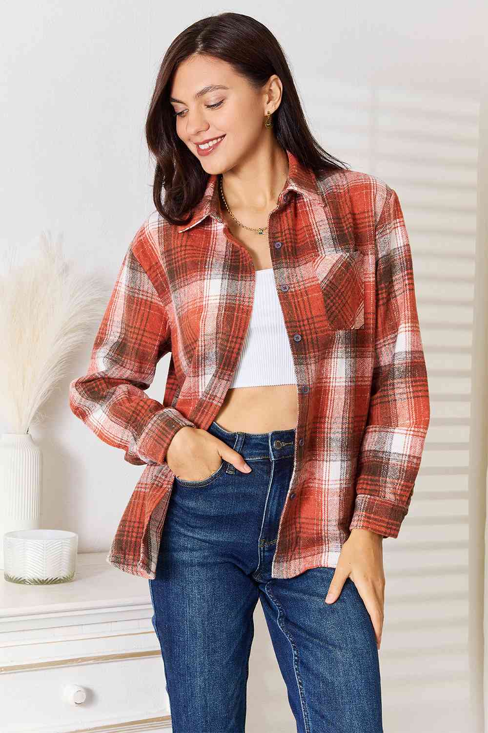 Plaid Collared Neck Long Sleeve Shirt - Ochre / S - T-Shirts - Shirts & Tops - 1 - 2024