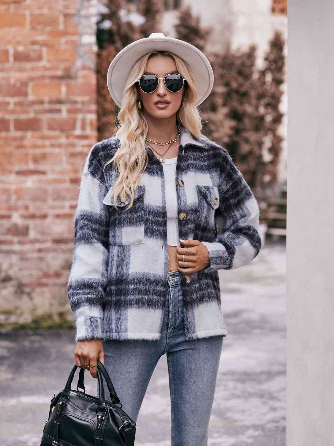 Plaid Dropped Shoulder Collared Jacket - Charcoal / S - Jackets & Coats - Coats & Jackets - 1 - 2024