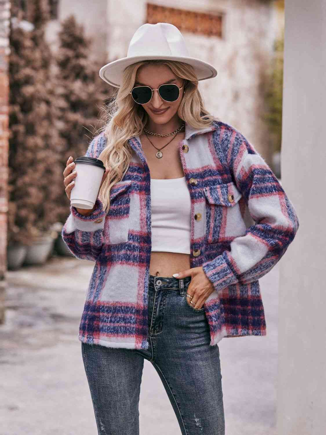 Plaid Dropped Shoulder Collared Jacket - Red Orange / S - Jackets & Coats - Coats & Jackets - 10 - 2024