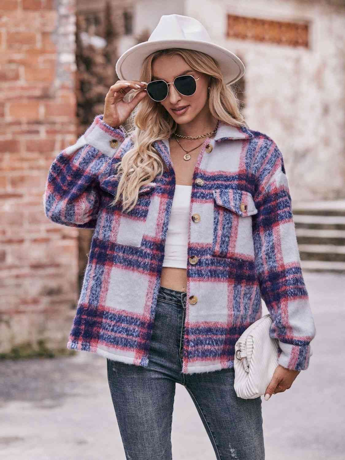 Plaid Dropped Shoulder Collared Jacket - Jackets & Coats - Coats & Jackets - 11 - 2024