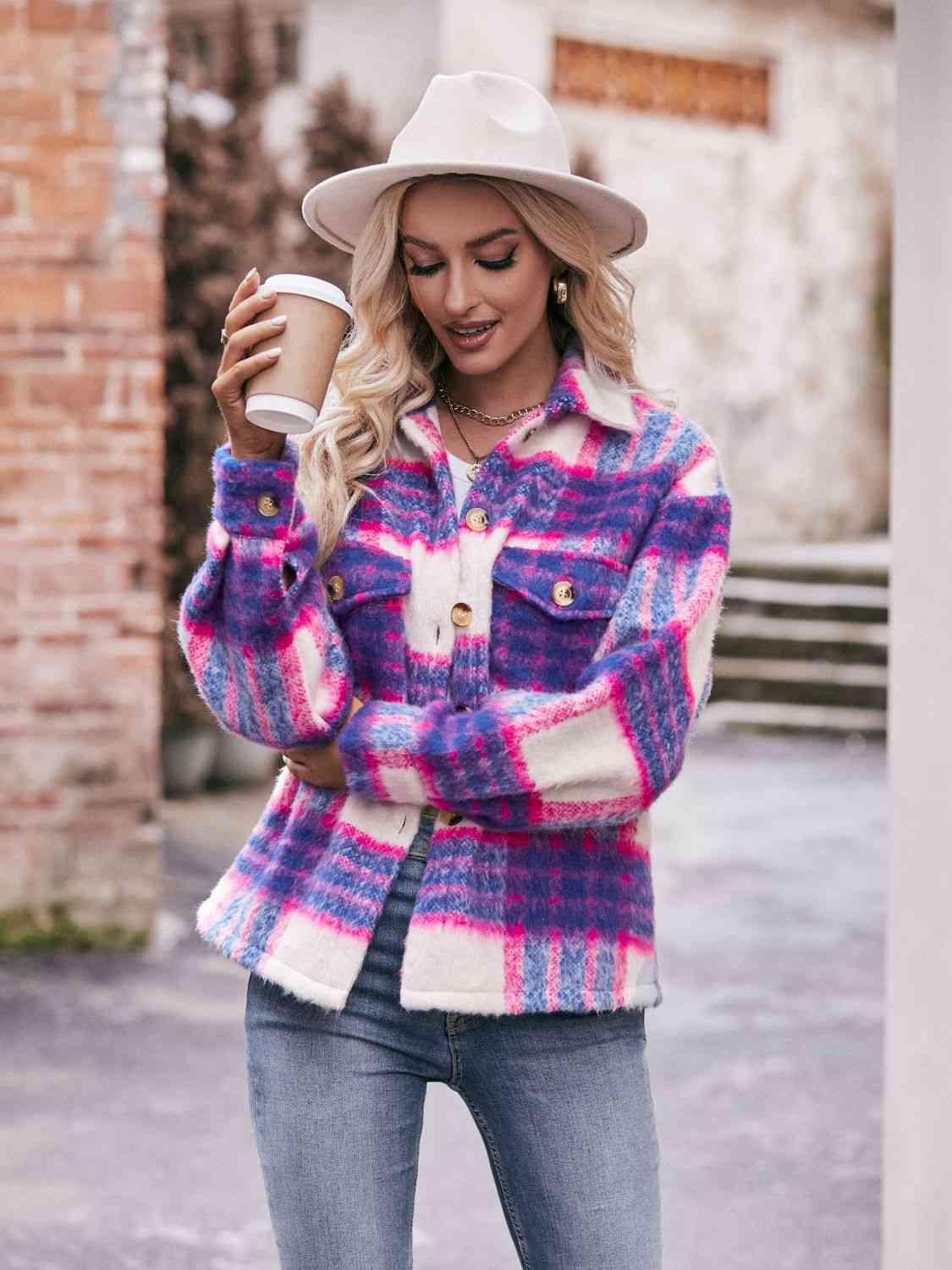 Plaid Dropped Shoulder Collared Jacket - Jackets & Coats - Coats & Jackets - 5 - 2024