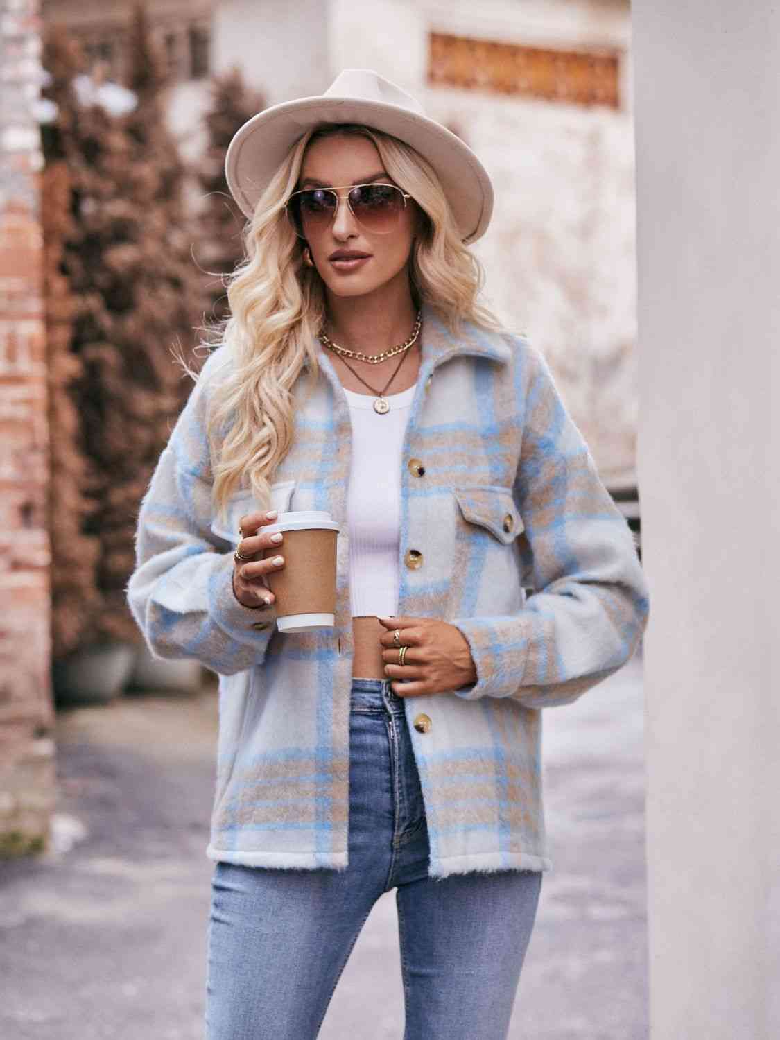 Plaid Dropped Shoulder Collared Jacket - Misty Blue / S - Jackets & Coats - Coats & Jackets - 7 - 2024