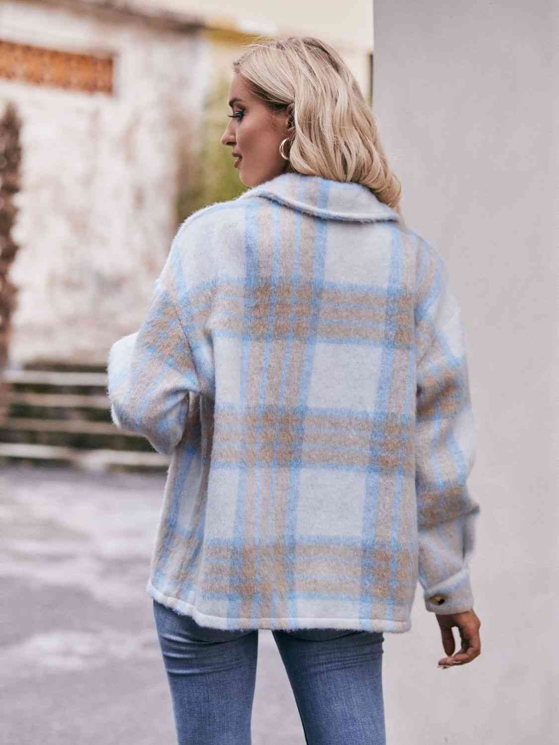 Plaid Dropped Shoulder Collared Jacket - Jackets & Coats - Coats & Jackets - 9 - 2024