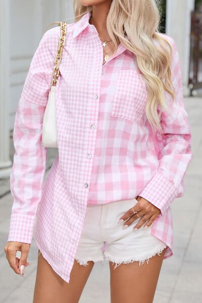 Pocketed Plaid Dropped Shoulder Shirt - Blush Pink / S - T-Shirts - Shirts & Tops - 1 - 2024