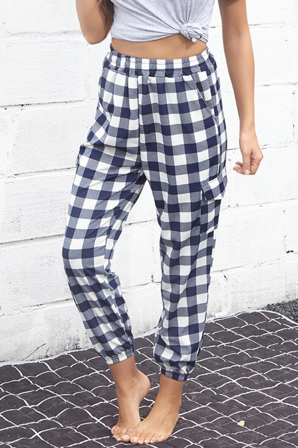 Plaid Elastic High Waist Cargo Pants - Gray / S - Bottoms - Pants - 1 - 2024