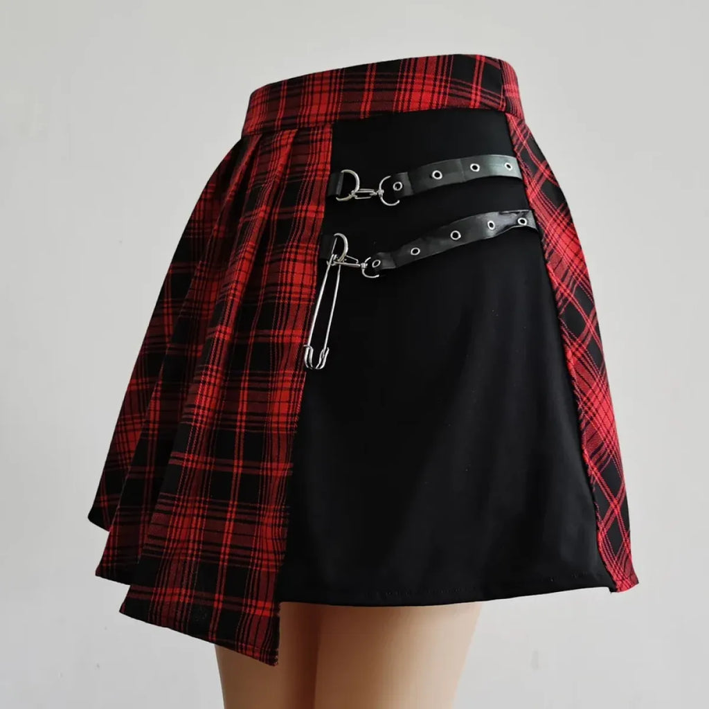 Plaid Gothic Pleated Mini Skirt – Punk Chains & Buckle Accent - Bottoms - Skirts - 5