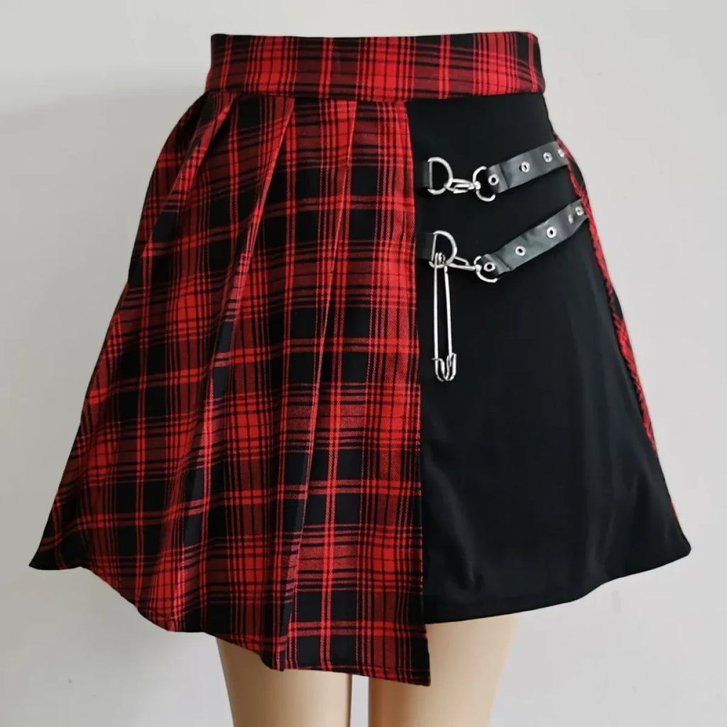 Plaid Gothic Pleated Mini Skirt – Punk Chains & Buckle Accent - Bottoms - Skirts - 4