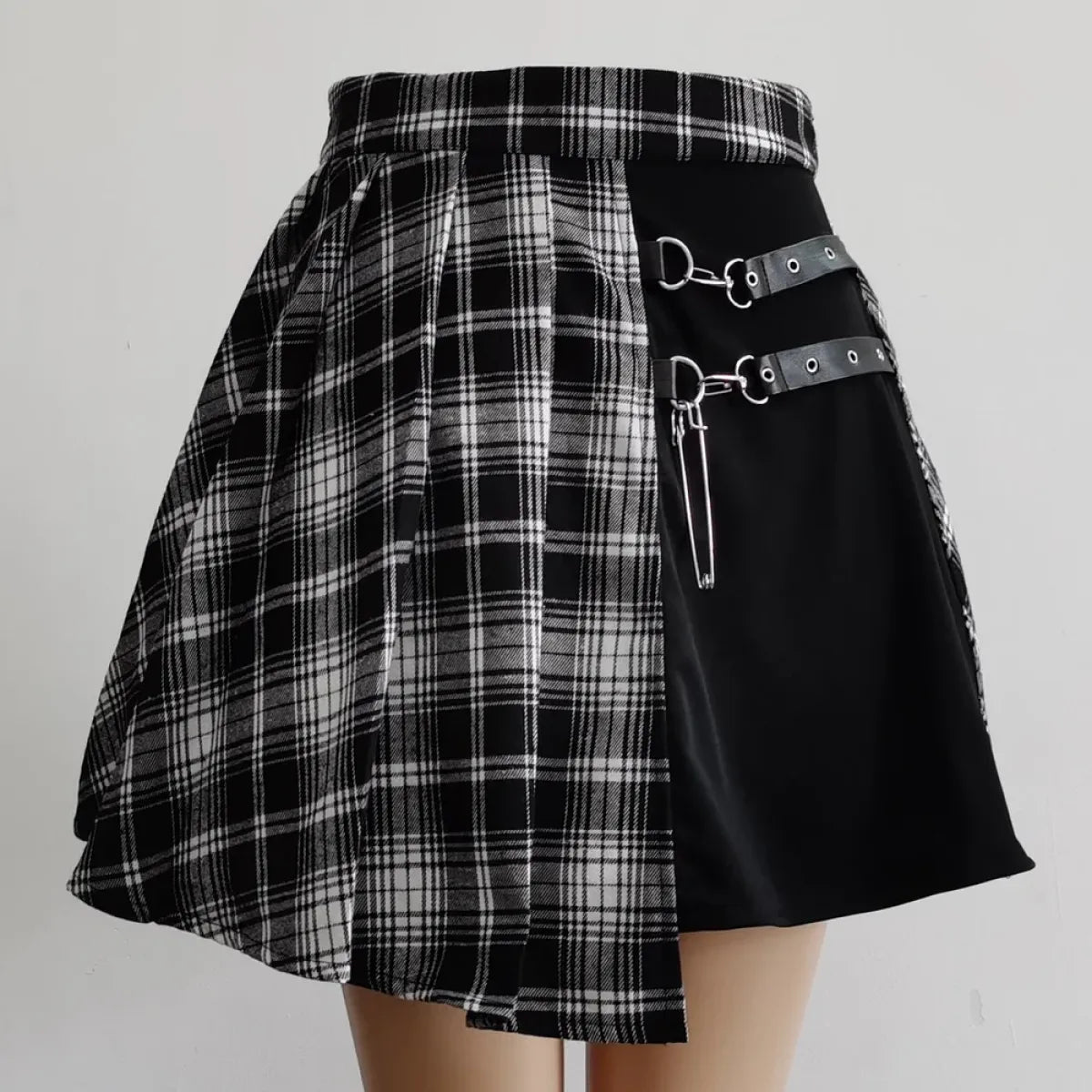 Plaid Gothic Pleated Mini Skirt – Punk Chains & Buckle Accent - Bottoms - Skirts - 9