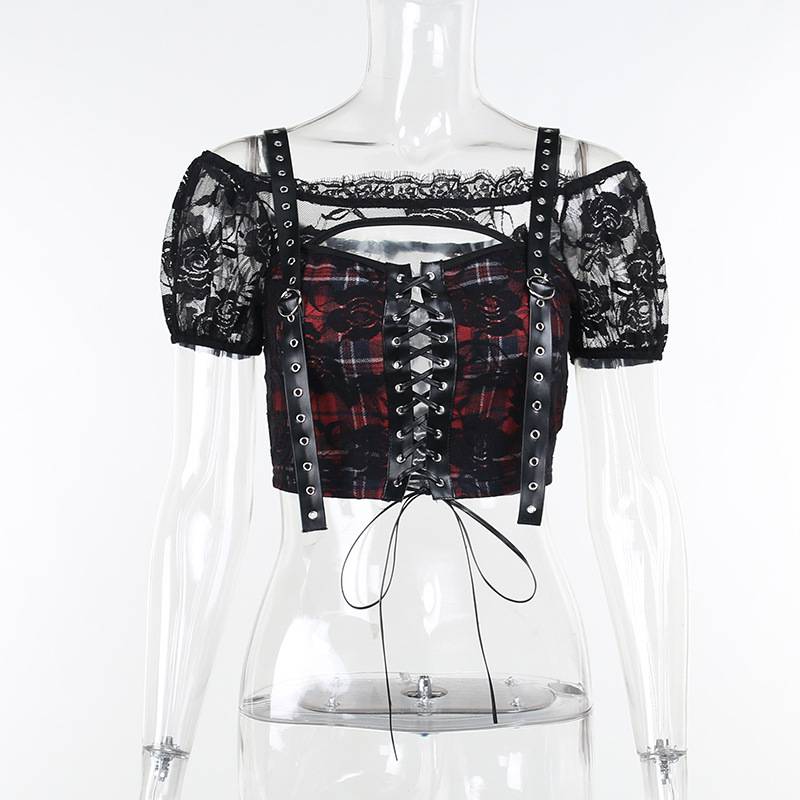 Black Plaid Lace Blouse - T-Shirts - Clothing - 8 - 2024