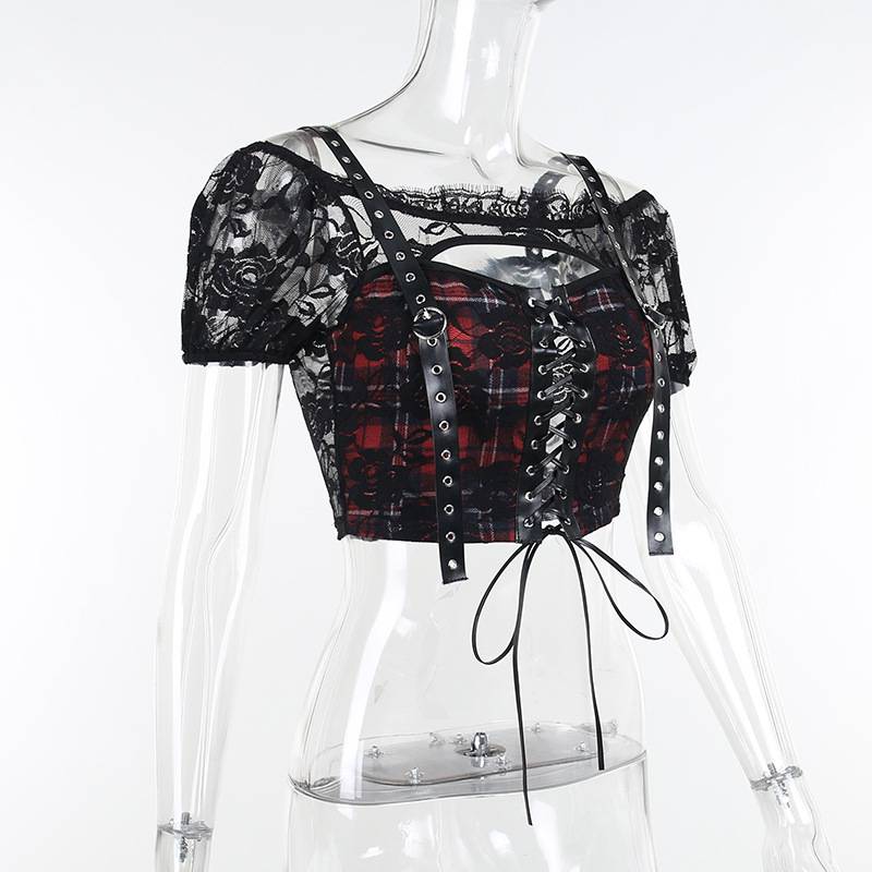 Black Plaid Lace Blouse - T-Shirts - Clothing - 9 - 2024