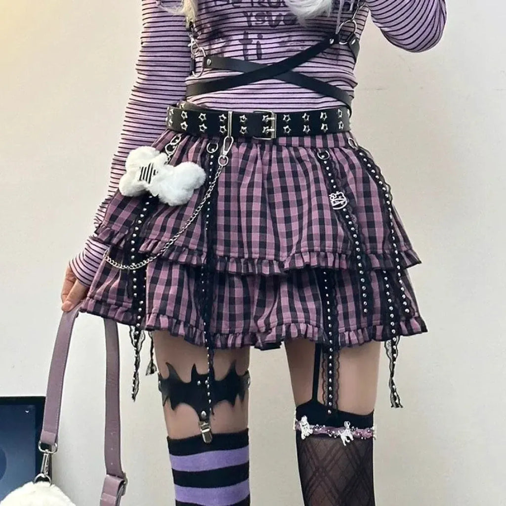 Plaid Layered Skirt – Harajuku Punk Gothic Lolita Style - Bottoms - Short - Round - Skirts - 1