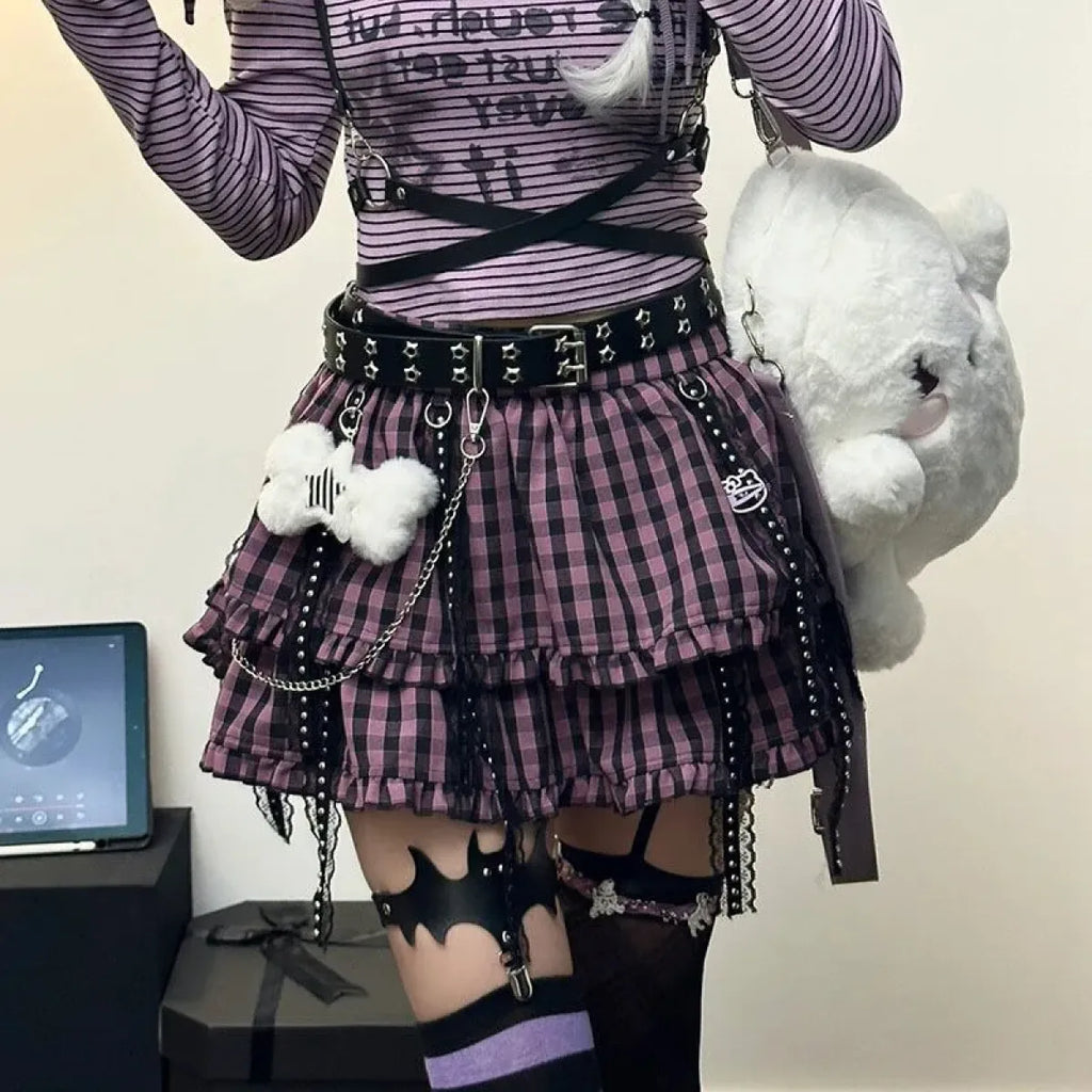 Plaid Layered Skirt – Harajuku Punk Gothic Lolita Style - Bottoms - Short - Round - Skirts - 2