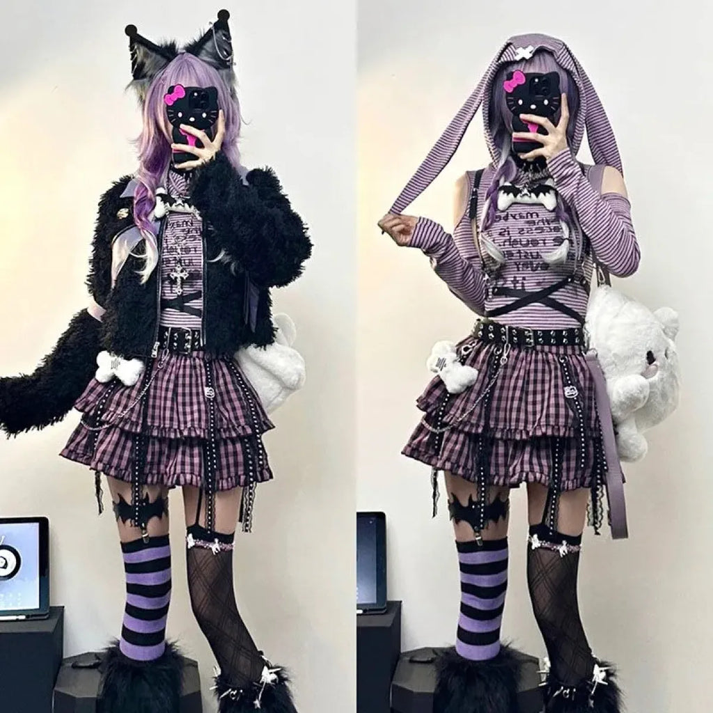 Plaid Layered Skirt – Harajuku Punk Gothic Lolita Style - Bottoms - Short - Round - Skirts - 5